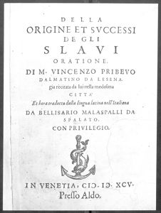 [Della origine et svccessi de gli Slavi Vinka Pribojevića, Venecija 1595.] : [naslovna stranica knjige], D 2395
