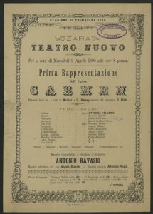 Carmen : dramma lirico in 4 atti di Meillac e L. Halevy musica del maestro G. Bizet : per la sera di mercoledi 9 aprile 1890 alle ore 8 pomer.