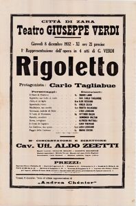 Giovedi 8 dicembre 1932-XI ore 21 precise 1a rappresentazione dell'opera in 4 atti di G. Verdi Rigoletto : protagonista Carlo Tagliabue